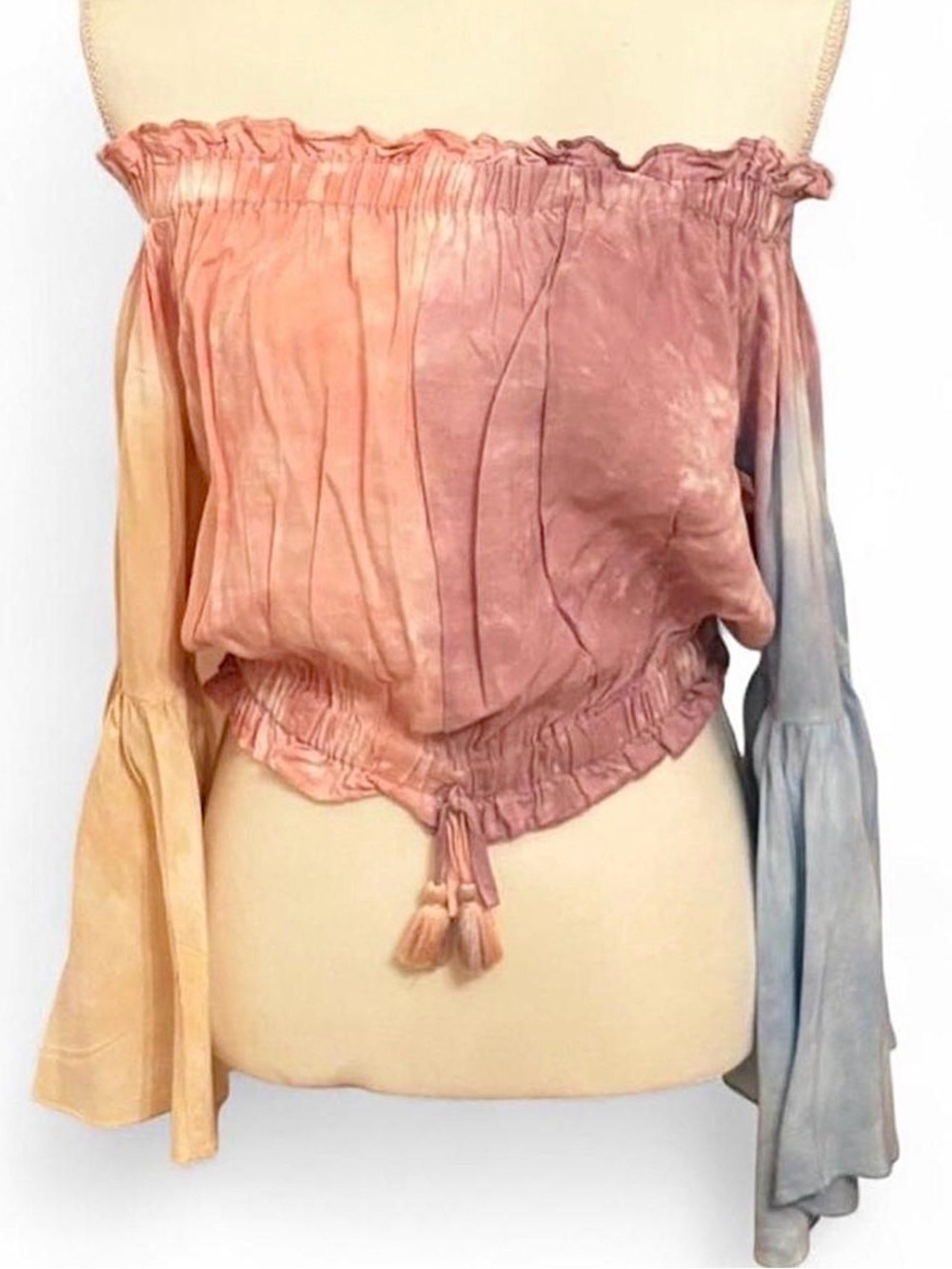 Surf Gypsy Tye Dye Off the Shoulder Long Bell Sleeve Tie Hem Beach Pastel Top M